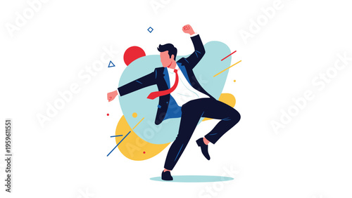 Excited businessman in a suit and tie dancing and celebrating his career success on a colorful abstract background.