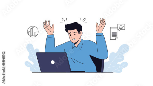 Stressed and frustrated man sitting at his laptop computer holding his head in despair while facing work problems.