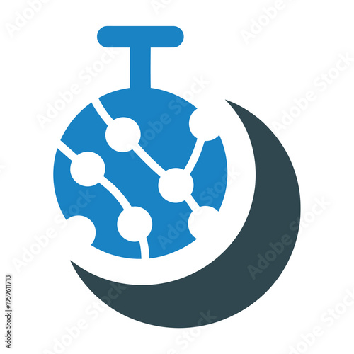 Blue vector of a flask with chemical bonds on a crescent moon shape.