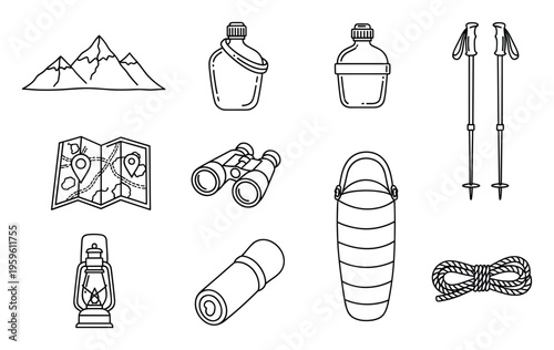 Outline vector illustrations depicting essential camping and hiking gear including mountains, canteens, map, binoculars, sleeping bag, and trekking poles for outdoor adventure trip planning