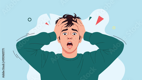 Close up portrait of a young man with a terrified expression on his face holding his head in shock and fear against a blue background.
