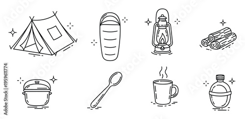 Essential outdoor equipment for a camping trip including shelter, cooking gear, and lighting, perfect for vacation planning, adventure blogs, and wilderness exploration guides