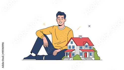Happy young man sitting on the floor next to a model house representing his dream of home ownership and success.