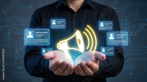 Digital Marketing Specialist Using Megaphone and Social Media Profile Icons for Viral Growth and Targeted Advertising Concept