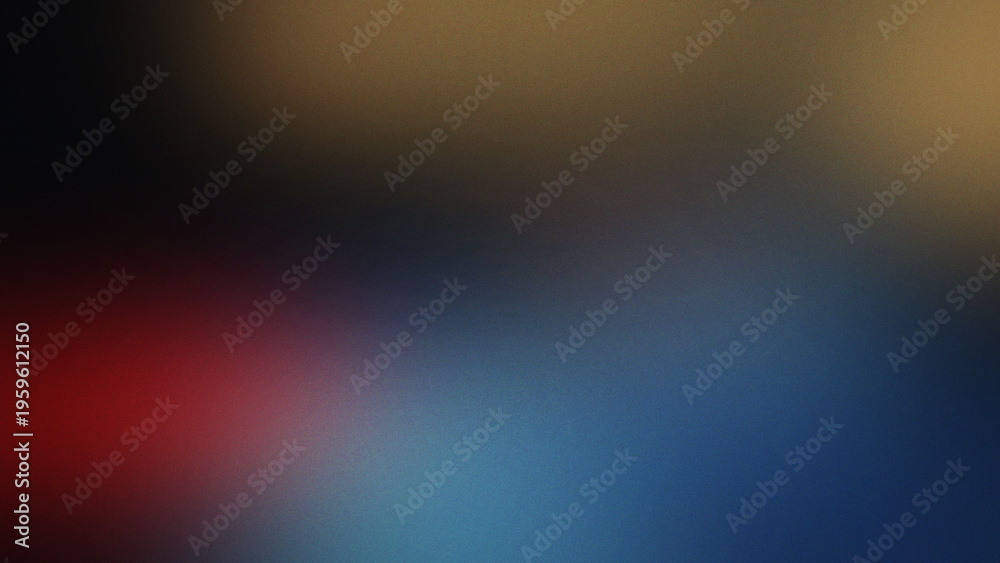 Obraz premium Grainy blurred gradient background with deep black and soft red blue and golden yellow light patches blending into a dark atmospheric texture