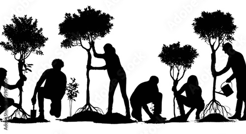 Silhouette of people planting trees in various stages