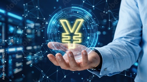 Businessman hand holding glowing Japanese Yen currency symbol hologram for global finance and digital banking technology concept