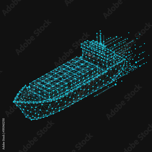 3D Wireframe Ship Model on Black Background.