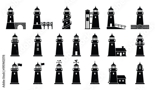 Collection of diverse lighthouse silhouettes representing maritime navigation symbols and coastal warning beacons perfect for graphic resources, travel guides, or informational publications.