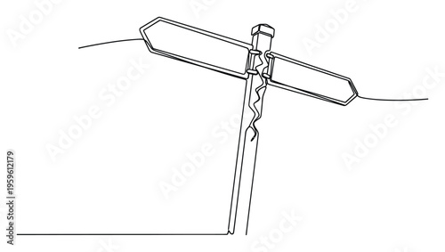 Continuous line drawing of a blank directional signpost offering choices and potential paths, useful for concepts of decisionmaking, future planning, or journey metaphors.
