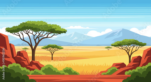 African Savanna Landscape Illustration with Acacia Trees, Mountains, and Red Rocks in Flat Design Style