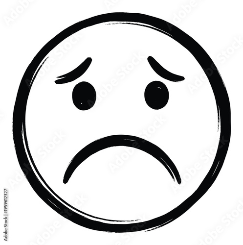 Hand drawn sad face emoticon with a distressed brushstroke appearance expressing negative feelings or disappointment, useful for conveying low mood in various communication materials.
