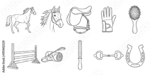 A complete set of horse riding essentials and stable tools, featuring a saddle, bridle, and jumping obstacle, useful for equestrian training and equine sports publications