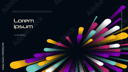 Abstract vector background with colorful radial line and dynamic burst effects on black background. Modern geometric design circle shape and blend gradient shadow effect for poster, cover