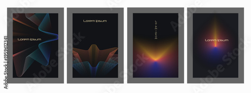 Vector poster set. Abstract futuristic neon glow with circles geometric shapes, vibrant gradient light and blend color effects. Holographic color on dark blue background