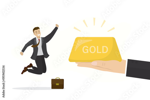 Happy businessman investor jumps for joy as giant hand presents him with shining gold bar. Financial success, profit from precious metals and rewarding investments.