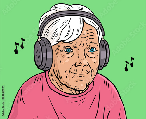 Elderly Woman Listening to Music in Headphones Pop Art Style