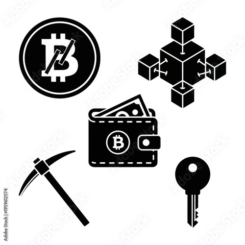 Bitcoin Cryptocurrency Mining Wallet Blockchain Technology Icons.