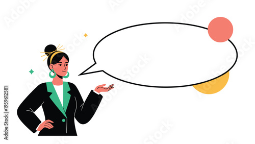 Stylish businesswoman in a black blazer and green accessories standing next to a large empty speech bubble for custom messaging and announcements.