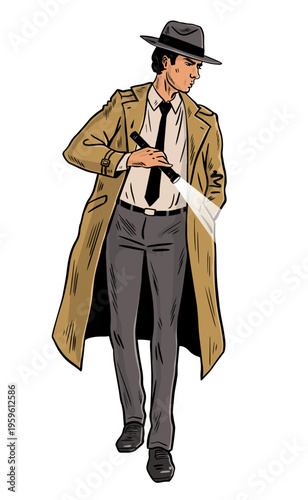 Detective Man with Flashlight in Trench Coat Pop Art Style
