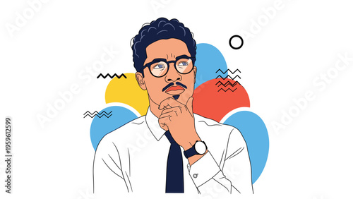 Thoughtful young man with glasses touching chin while pondering ideas against a background of colorful abstract geometric shapes and patterns.