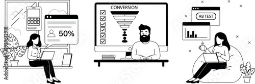 Business conversion optimization, marketing analytics, sales funnel illustration, vector icons