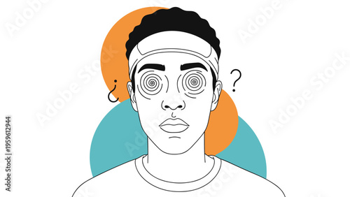 Young man with spiral eyes looking dizzy and confused with question marks floating around him against colorful circular abstract shapes.