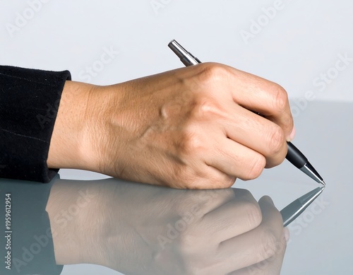 Hand Writing With Pen On A Reflective Surface.