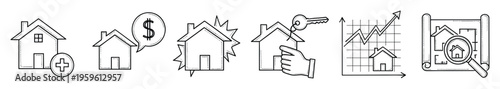 Engaging hand sketched real estate icons depicting property acquisition, home financing, market analysis, and housing value trends for various business applications