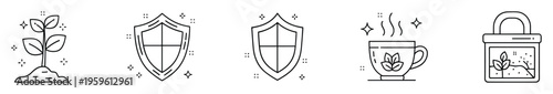 Simple line icons depicting plant growth, robust shield protection, a warm herbal drink, and natural security, ideal for sustainable branding and modern media projects