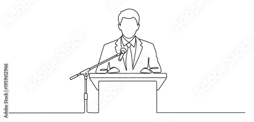 Elegant continuous line drawing of a professional speaker behind a podium with a microphone, perfect for illustrating concepts related to public speaking, business, education, and