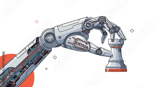 Precision robotic arm with complex internal mechanisms playing chess by moving a rook piece representing advanced AI strategy and logic.