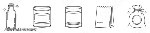 Set of simple black line drawings depicting essential packaging solutions such as a beverage bottle, storage cans, a grocery bag, and a secure drawstring sack, suitable for ecofriendly