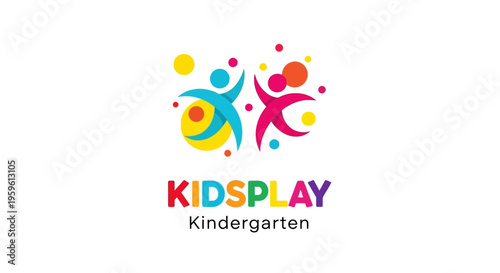 Colorful Kindergarten Logo Design with Abstract Jumping Kids for Preschool, Daycare, and Early Childhood Education