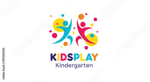 Colorful Kidsplay Kindergarten Logo Design featuring Abstract Active Child Figures and Playful Geometric Shapes for Preschool and Childcare Education Branding