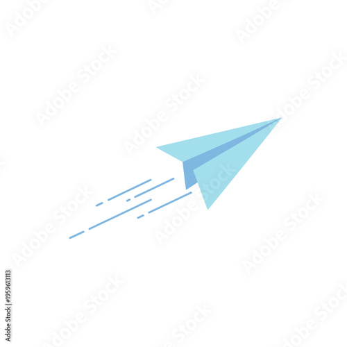 Blue paper airplane flying fast with motion lines.