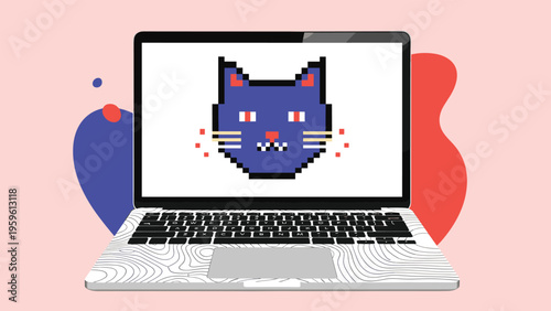 Modern laptop displaying a blue pixelated cat head on the screen representing digital art, crypto collectibles, and gaming concepts.