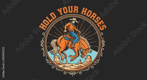 Vintage Western Badge Illustration Featuring a Cowboy Riding a Bucking Horse with Hold Your Horses Typography and Desert Landscape