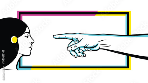 Profile of a woman looking at a large hand pointing directly towards her within a colorful abstract frame for creative concept art.