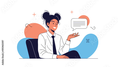 Cheerful young woman sitting at a desk and gesturing while talking with a blank floating speech bubble for conversational project themes.