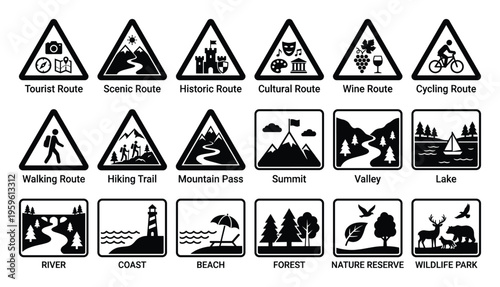 Collection of outdoor travel route and nature location destination signs perfect for tourist information, guidebooks, maps, and directional navigation applications