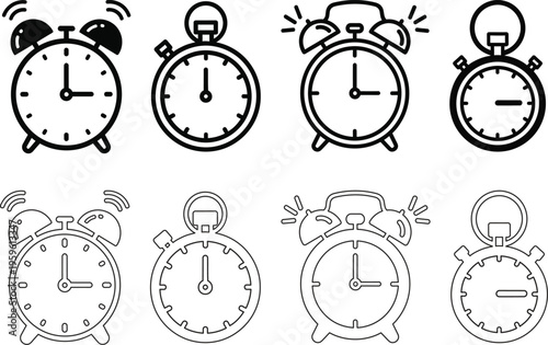 A collection of alarm clock illustrations in various styles and states