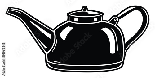 Classic black and white teapot illustration for kitchen decor, culinary blogs, restaurant menus, beverage packaging, or educational materials focusing on hot drinks.