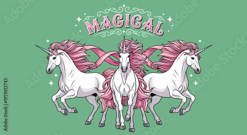 Magical Unicorn Illustration with Three Majestic White Unicorns, Pink Manes, and Vintage Banner on Mint Green Background