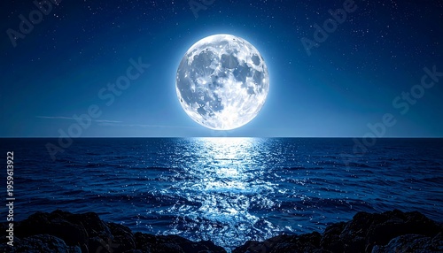 Full Moon Reflecting on Calm Ocean Surface at Night.
