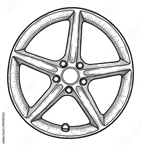 Hand drawn black and white five spoke car wheel rim sketch for automobile repair shop advertisements or vehicle parts catalog pages