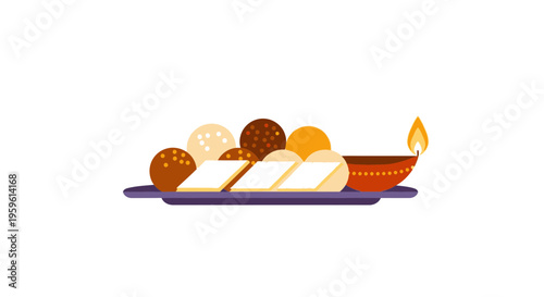 Diwali, Indian festival, traditional sweets, diyas, vector icons