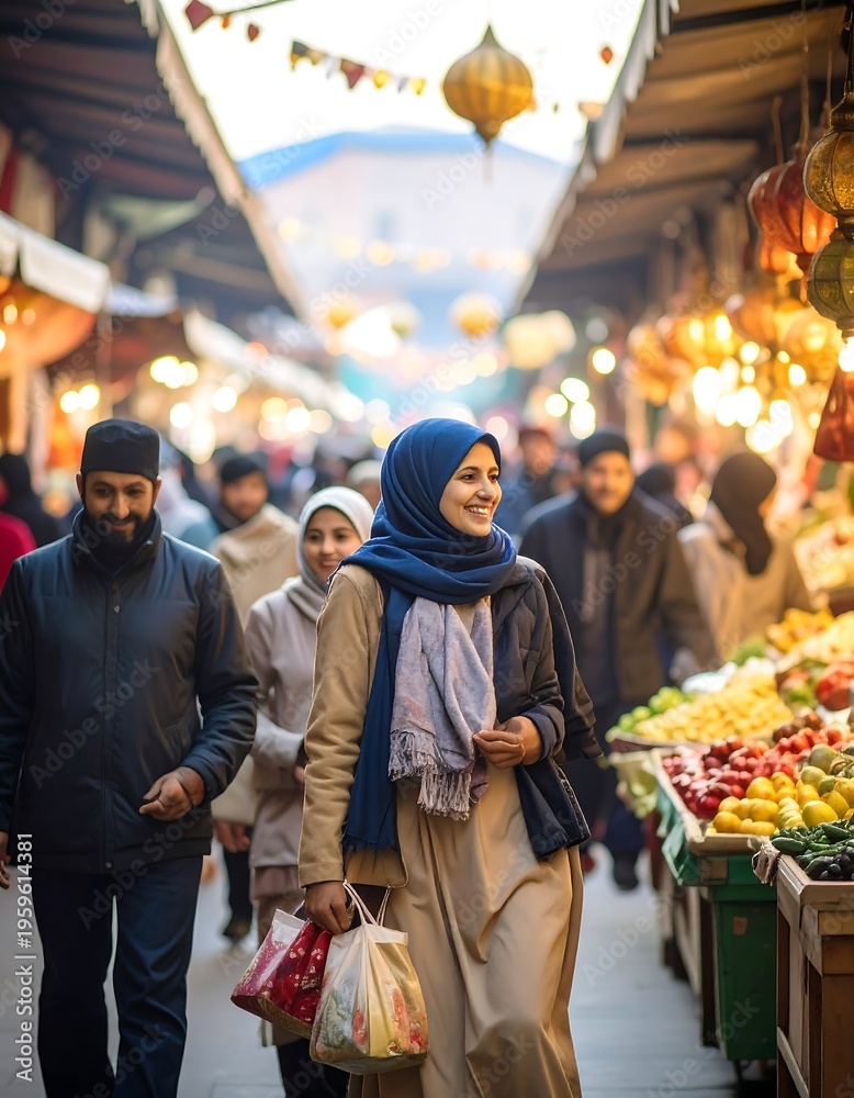Obraz premium Crowded market street scene. Smiling woman in hijab