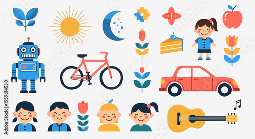 Set of Flat Vector Icons for Kids Education and Play: Robot, Bicycle, Car, Musical Instruments, and Nature Elements in Minimalist Style