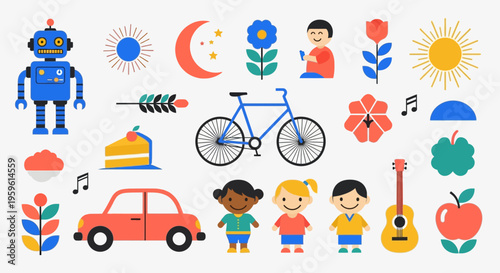 Collection of Colorful Flat Vector Icons for Kids with Robot, Bicycle, Diverse Children, Car, Nature, and Musical Instruments